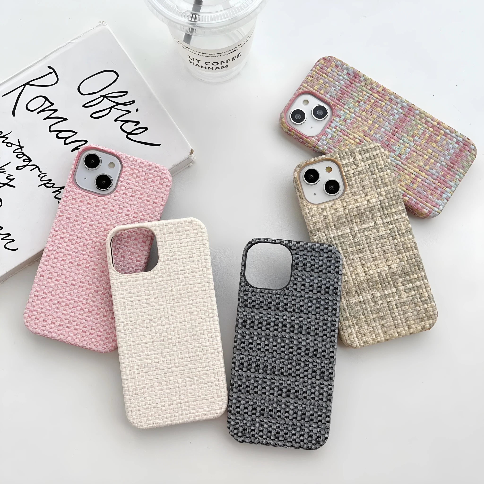 Hand-woven plaid TPU mobile phone case in pink with all-inclusive fit and fall protection