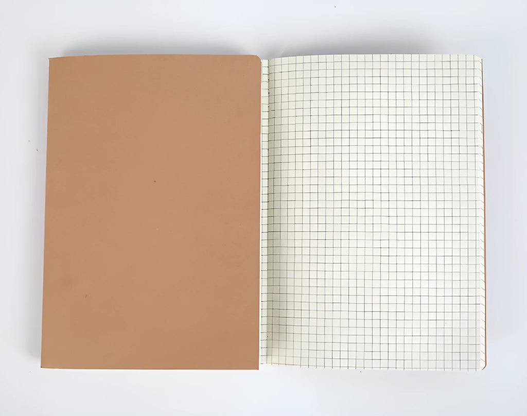 Beige leather-textured thread-bound notebook with an eye design, open to show lined paper.