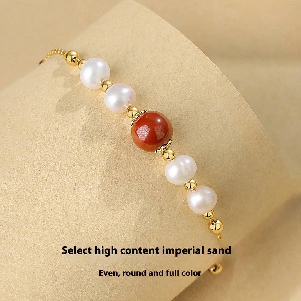 Retro women's silver bracelet with yellow red bean pearl and cinnabar beads on adjustable chain