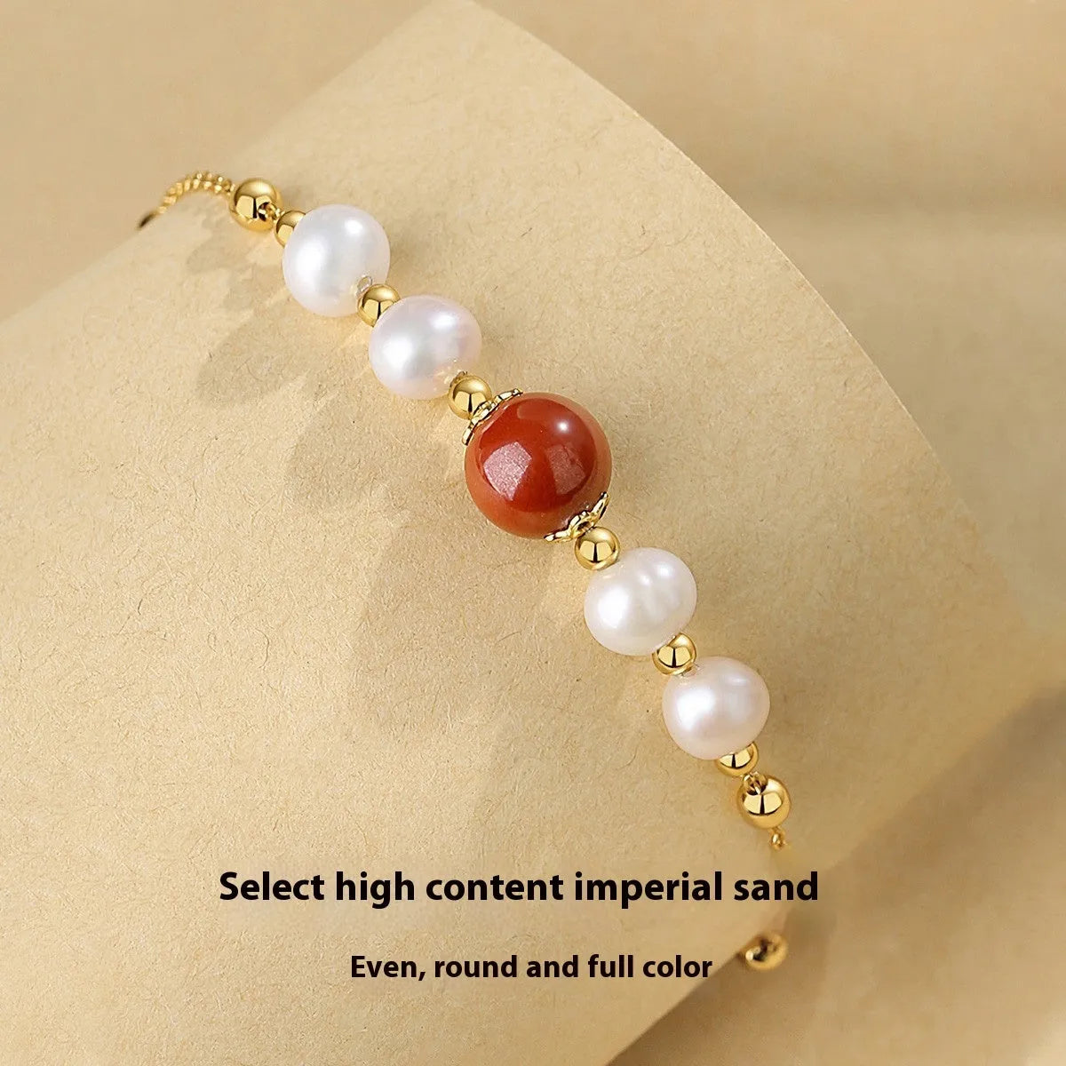 Retro women's silver bracelet with yellow red bean pearl and cinnabar beads on adjustable chain