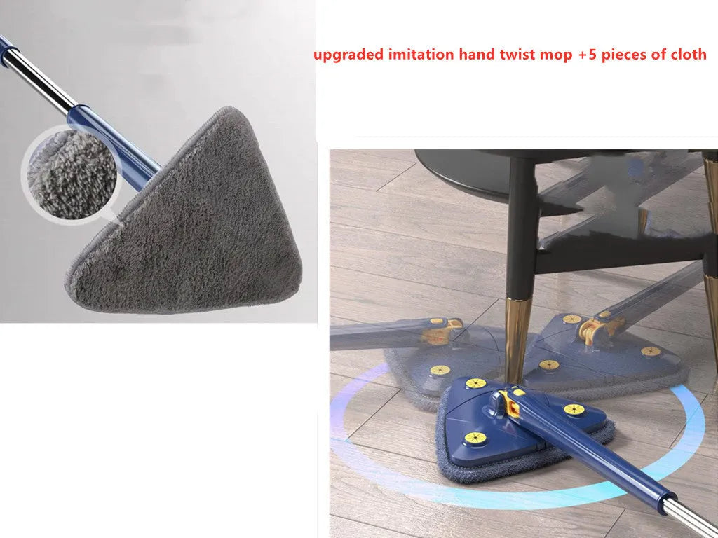 Blue extendable triangle mop with rotating head and long stainless steel pole for cleaning floors and walls