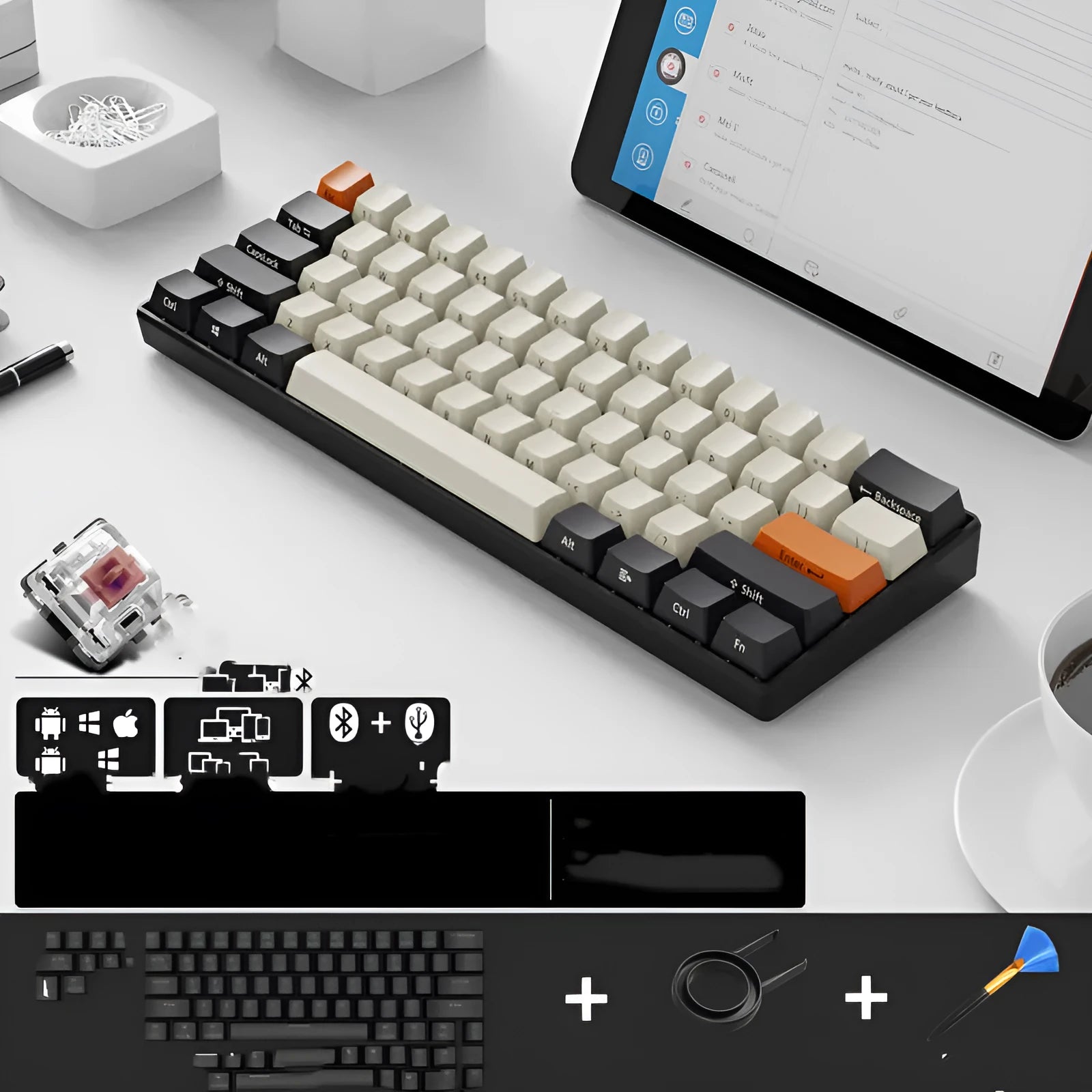 RK61 wireless mechanical keyboard with Bluetooth and USB connectivity on desk with carrying belt