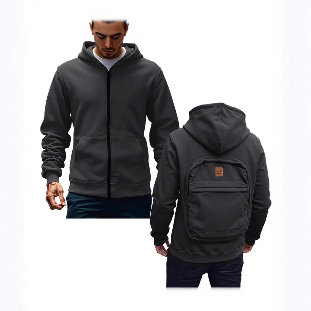 Casual loose-fitting hoodie cardigan back schoolbag sweater for men in light gray with stick pocket