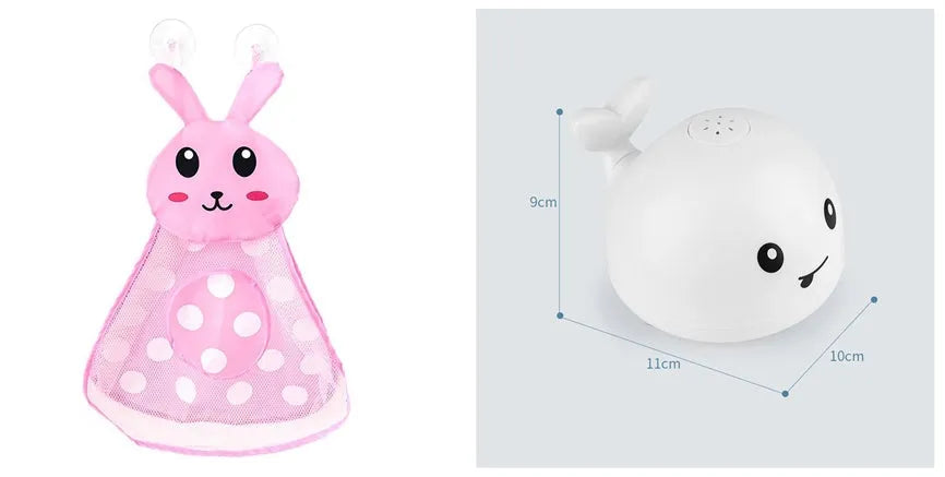 Whale-shaped electric bath toy spraying water with flashing lights, floating in baby bathtub
