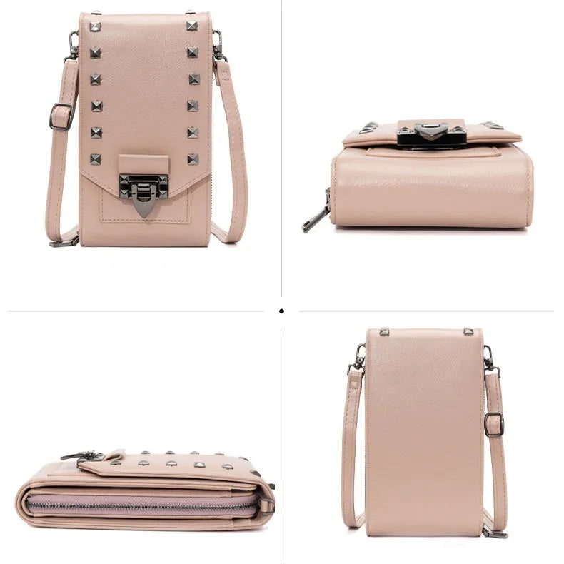 Rivet design crossbody bag for women in solid colour PU leather with card slot and cover closure