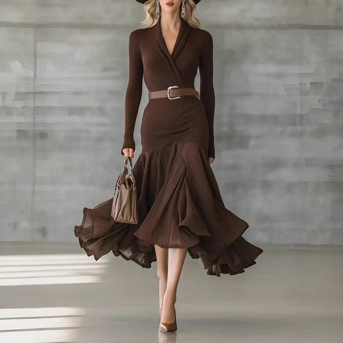 Stitching V-neck long-sleeve dress long skirt in solid dark brown with asymmetric hem