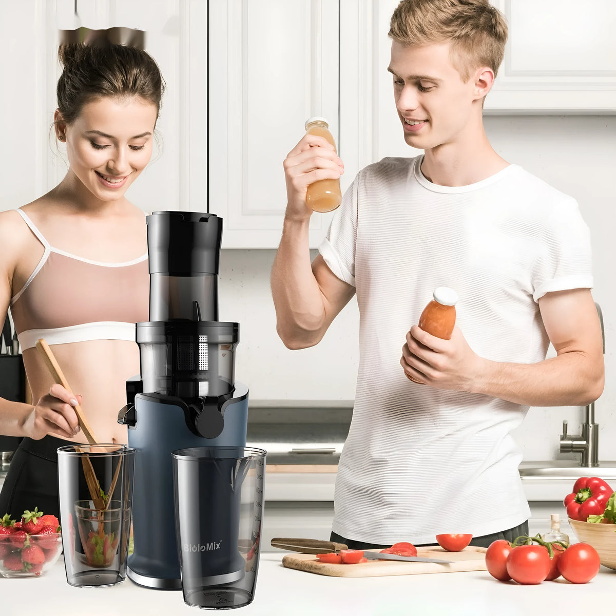 Large diameter low speed juice extractor with plastic body and wide feed chute for whole fruits