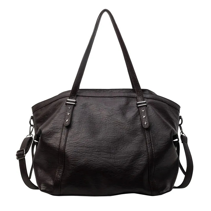 Retro soft PU leather messenger bag in black with horizontal square shape and sewing thread detail