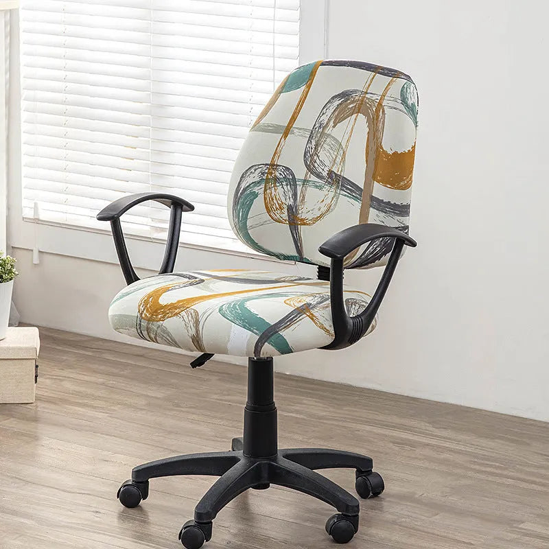 Printed stretch polyester split office chair cover with abstract floral pattern on standard chair