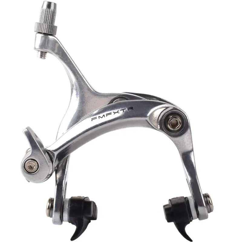 A pair of black and silver metal U-shaped dual-axis bicycle brake calipers