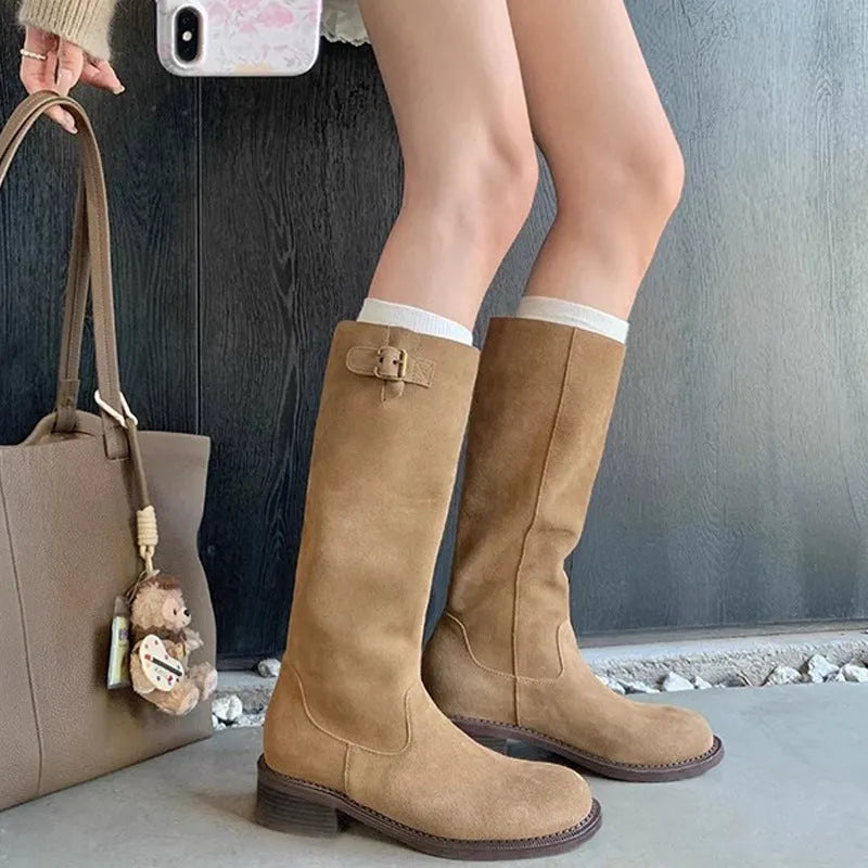 Cowhide suede below-the-knee boots with chunky heel, metal buckle, and round toe in khaki black grey