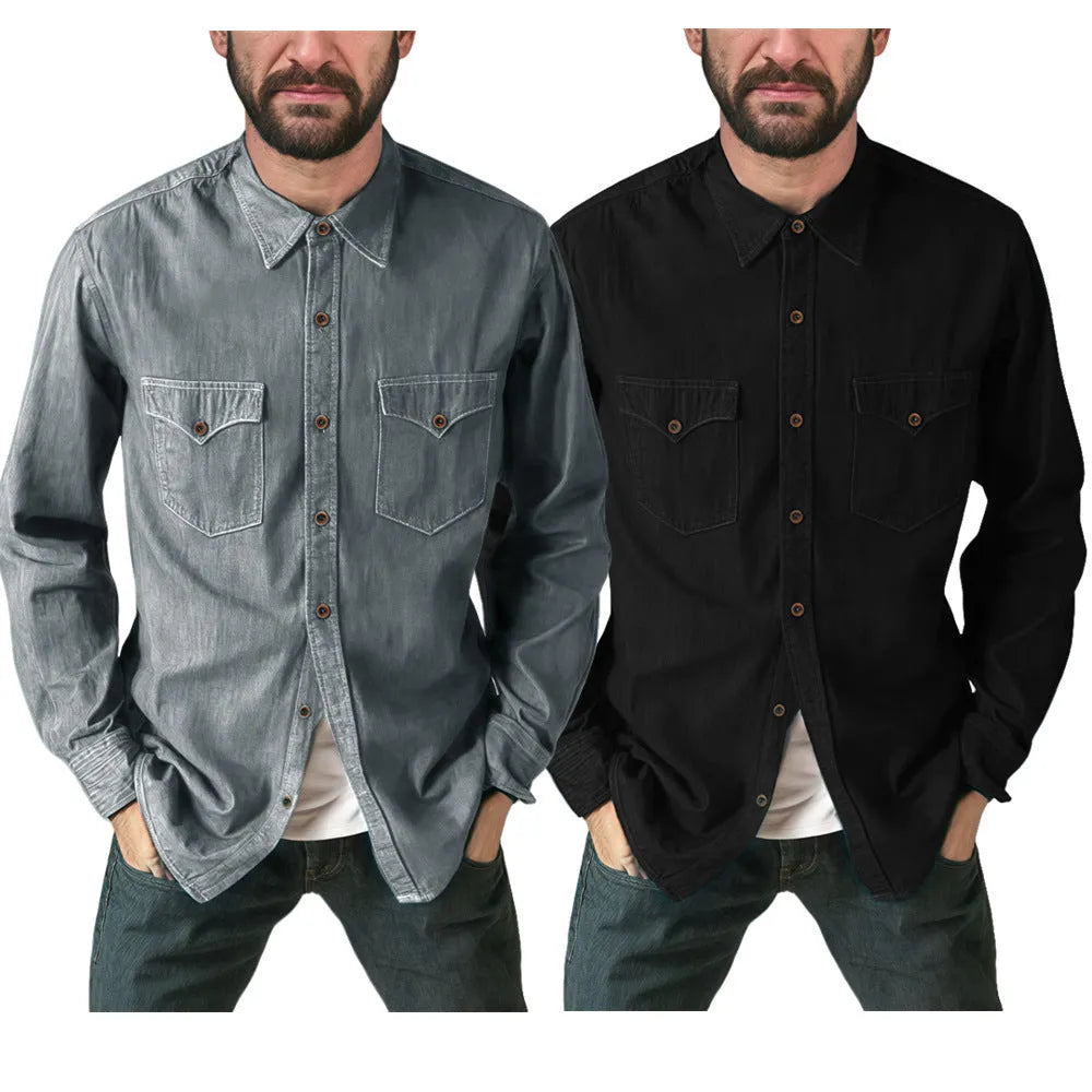 A man's regular fit denim cardigan coat in a khaki colour, shown on a hanger.