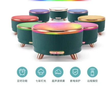 Round plastic ultrasonic aroma diffuser with wood grain finish and 500ml capacity, in green colour