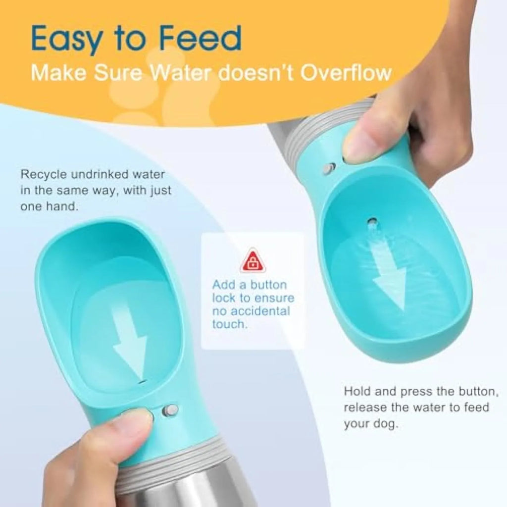 Blue 700ml stainless steel portable dog water bottle with built-in bowl and silicone drinking cup