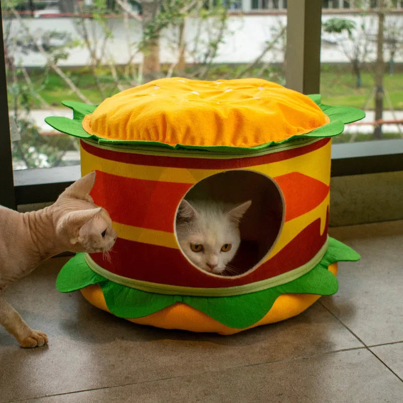 Crystal super soft velvet cat bed in French fries or hamburger shape with reversible cushion