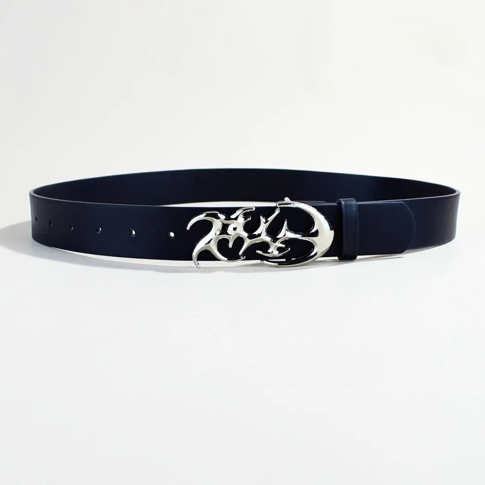 Casual silver buckle belt in PU leather with snap button fastening, showing 3.3cm width and 105cm length