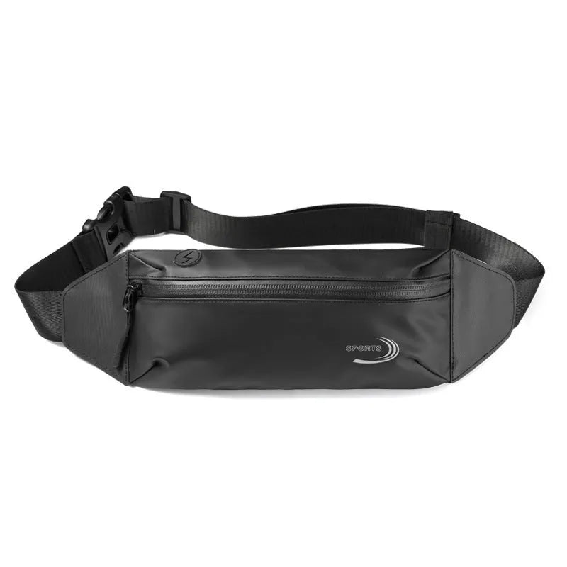 Men's black waterproof waist bag made from Derm Oxford polyester, shown with adjustable strap.