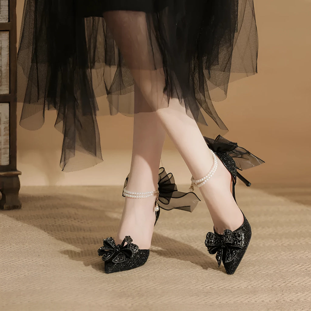 Two-way all-matching women's outdoor sandals black pointed toe stiletto heel 6-8cm rubber sole with microfiber lining