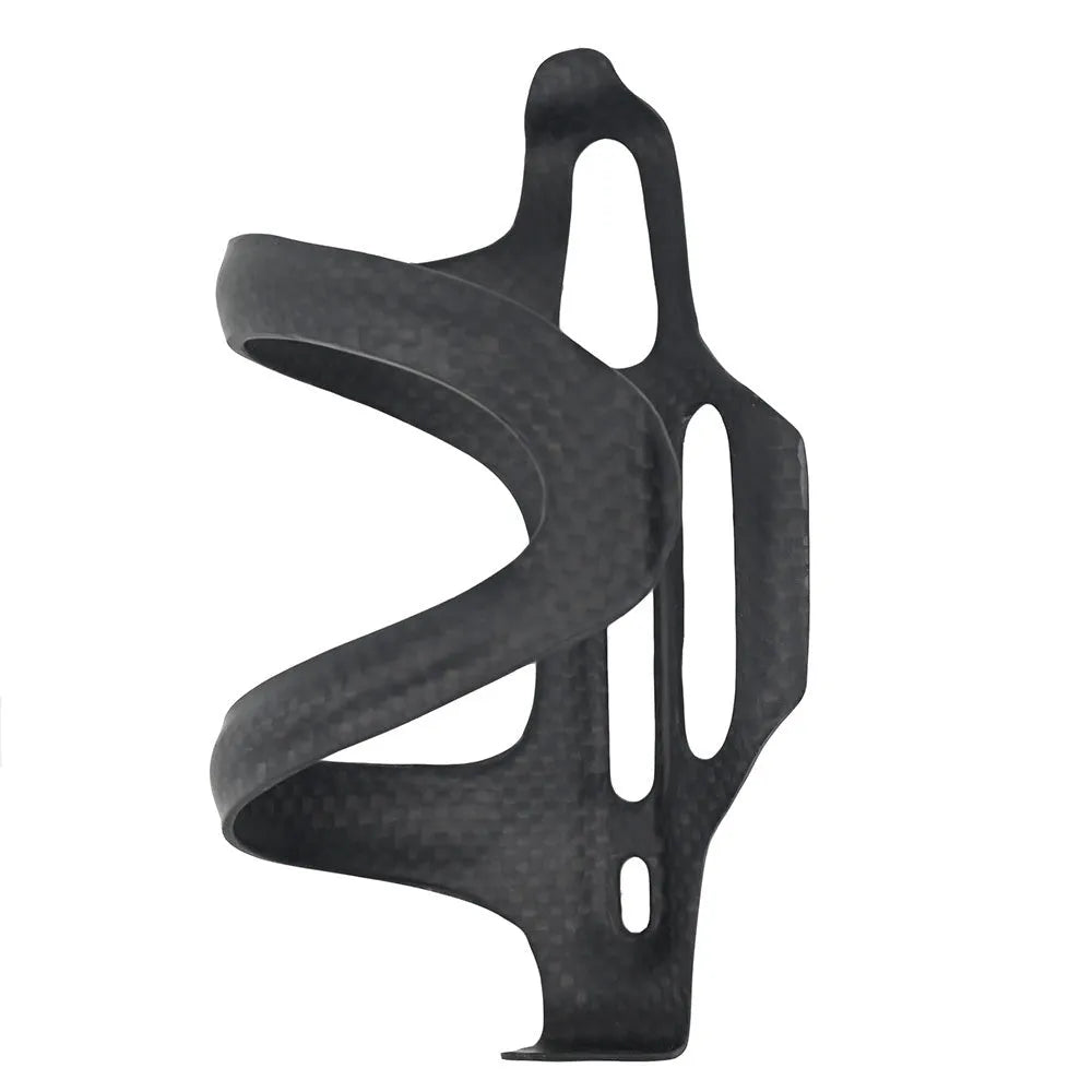 Black carbon fibre side pull bicycle water bottle cage mounted on a bike frame.