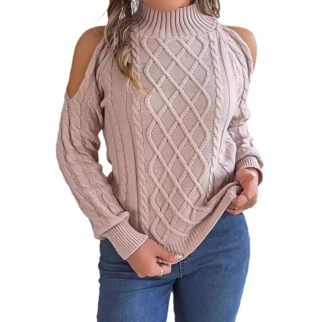 Women's gray strapless collar sweater with twisted pattern and lantern sleeves