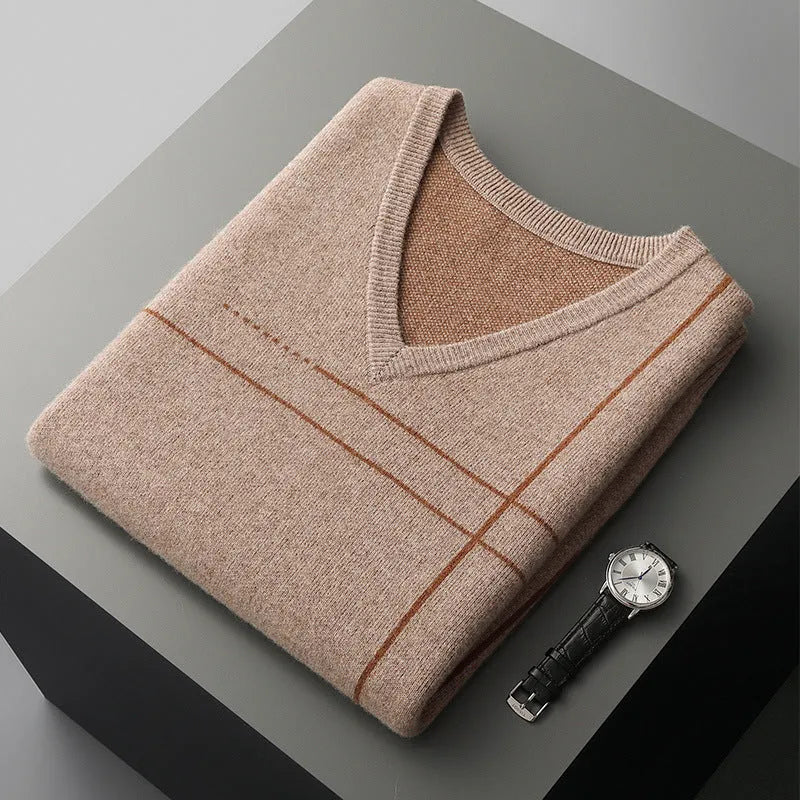 Men's striped V-neck sleeveless pure wool pullover in camel, loose fit thickened top