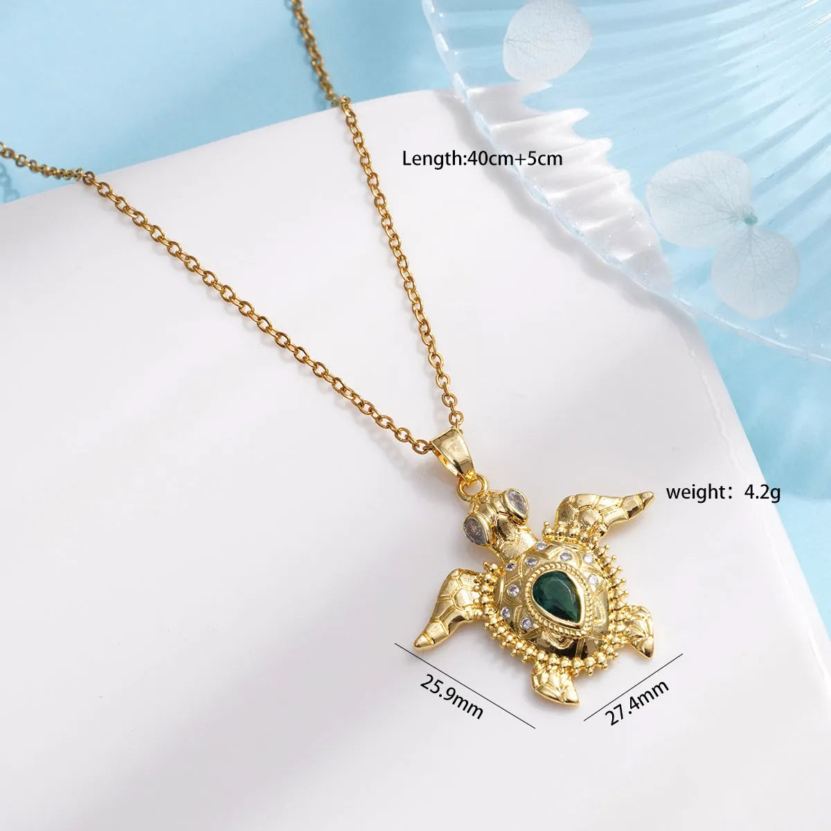 Gold-plated copper sea turtle necklace with zirconium pendant and O-link chain for women