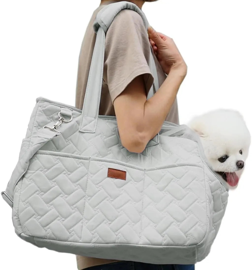 Grey handbag-style pet carrier with mesh panels and a safety leash for cats and small dogs.