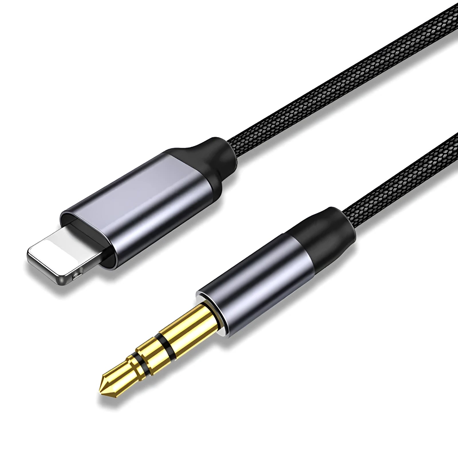 Silver nylon-braided audio cable with 3.5mm plugs and a car adapter connector.