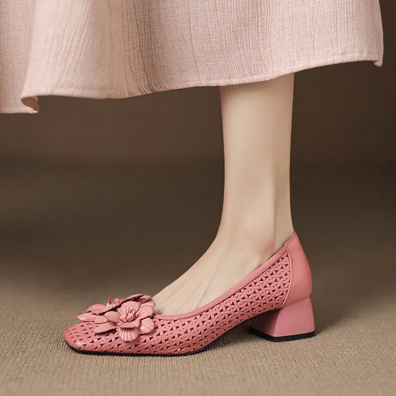 Women's light brown leather pumps with hollow side design and woven detailing, mid-heel height
