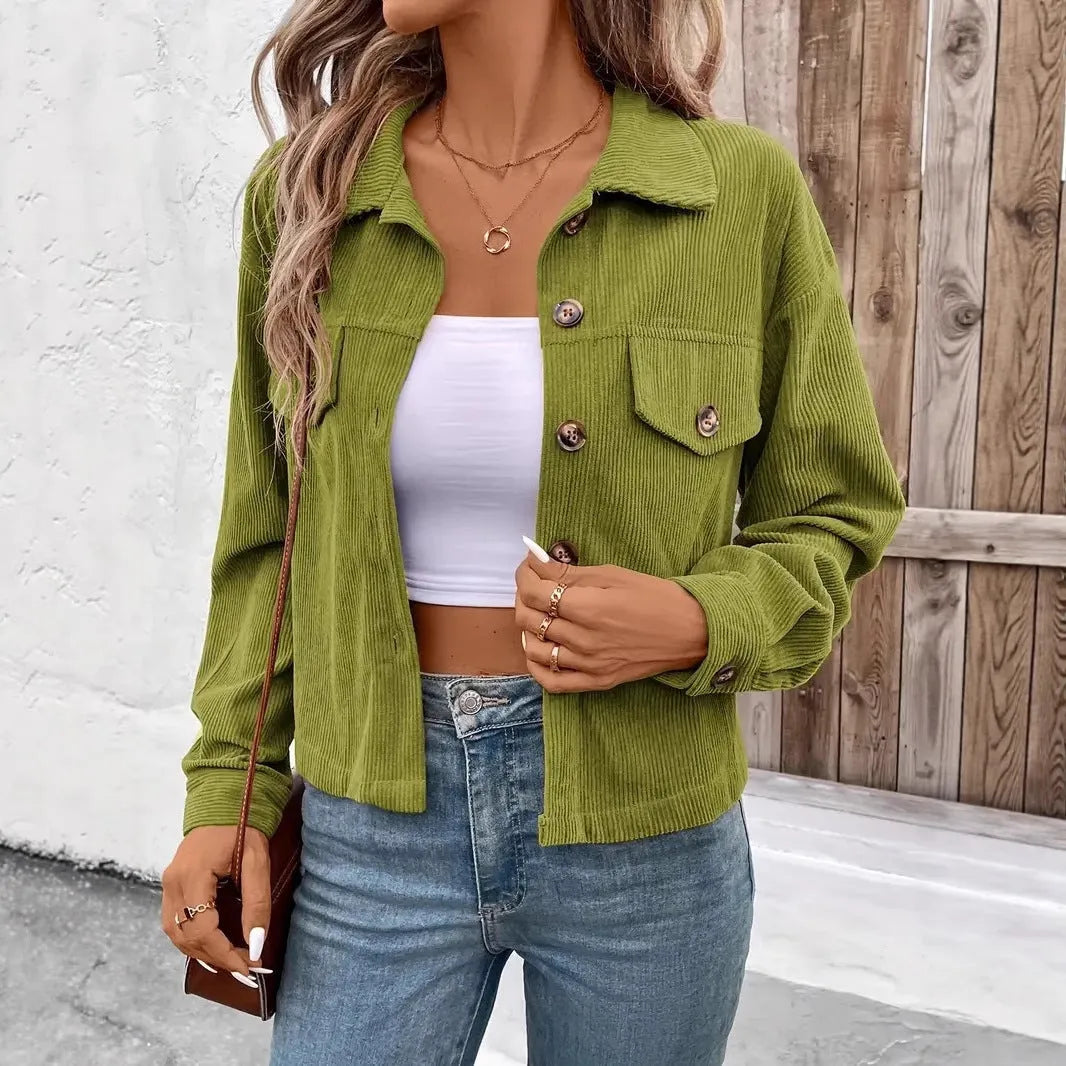 Women's retro artistic shirt coat jacket in medium thickness polyester fabric, button front with long sleeves