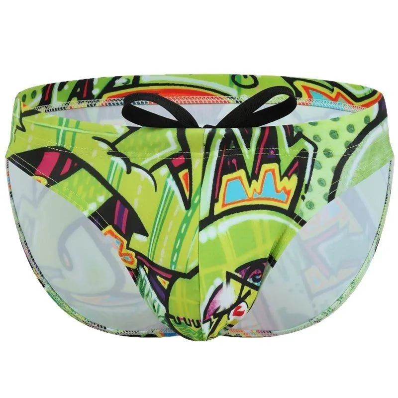 Men's printed swimming trunks in polyester fabric showing Cyber, Ice Cream, Streamer, and Skull pattern options.