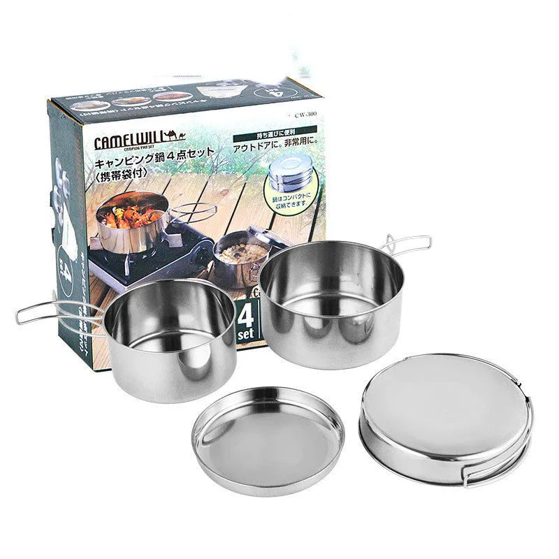 Silver stainless steel outdoor camping cookware pot set with round 4-piece configuration