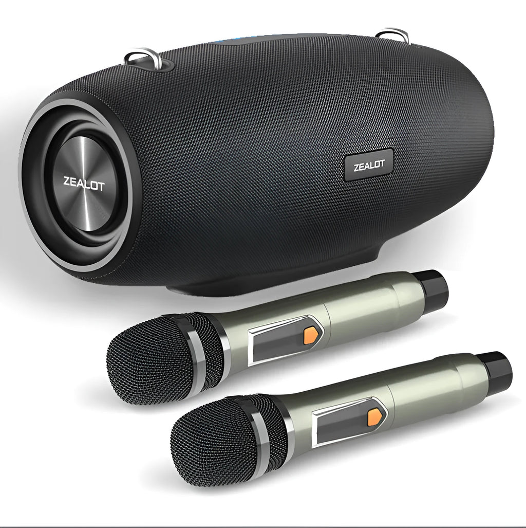 Black 60W Bluetooth karaoke speaker with strap, audio cable, and charging cable for square dance and family singing