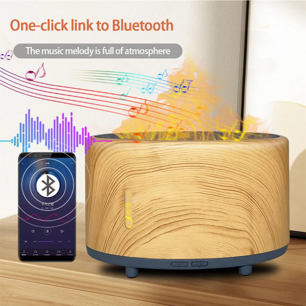 Bluetooth remote control flame humidifier aromatherapy machine with LED light in three colour options.