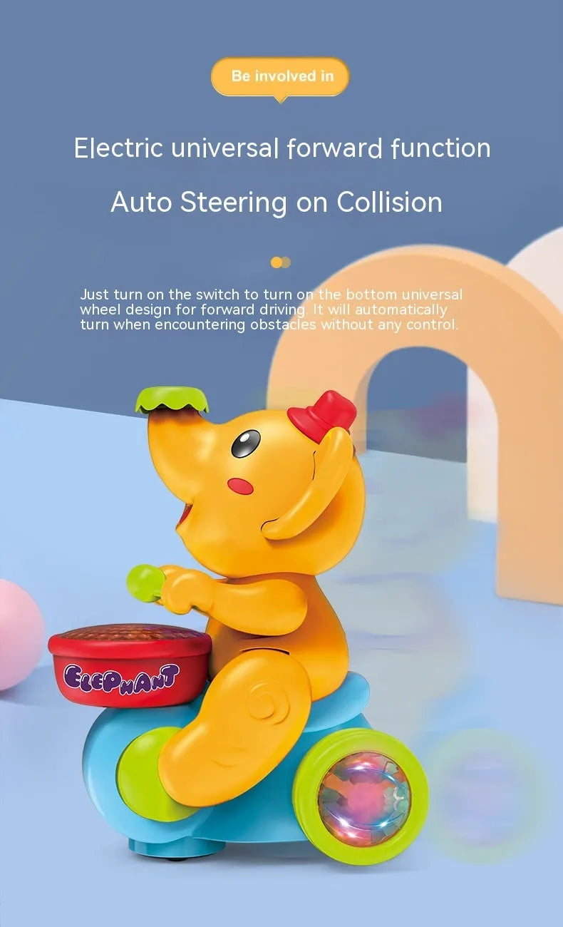 Elephant plastic toy car with music, lights, ball blowing, and obstacle avoidance in blue or yellow