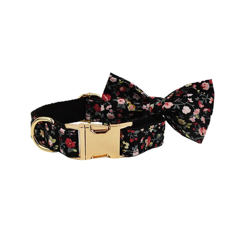 Dog wearing four-piece cloth accessory set with collar, leash, vest, and removable bow with lettering print