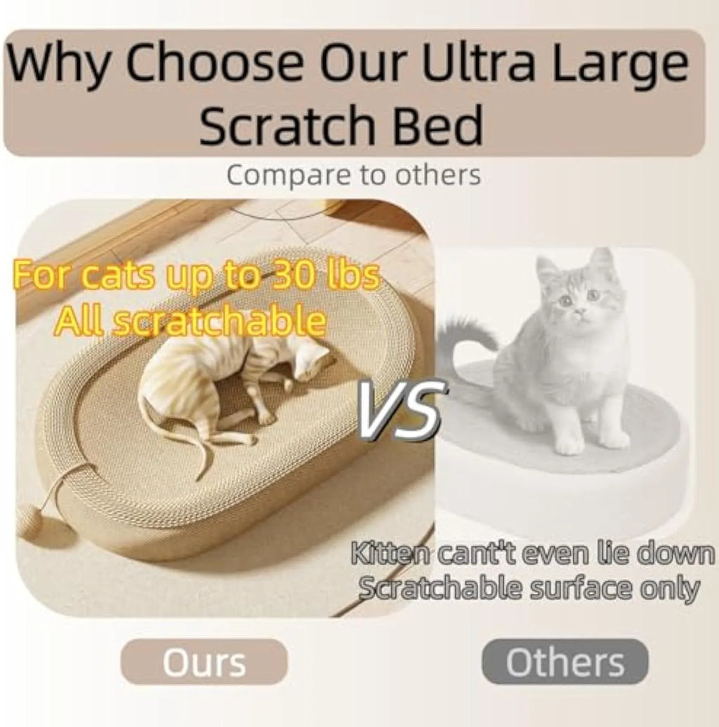 Large rectangular sisal cat scratching board with a flat lounge bed on top, shown in an adorable design.