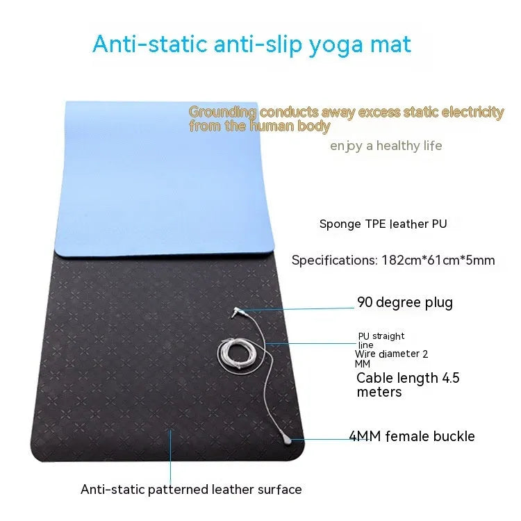 Blue conductive grounding yoga mat with plant and flower pattern, measuring 182x61cm with non-slip TPE surface