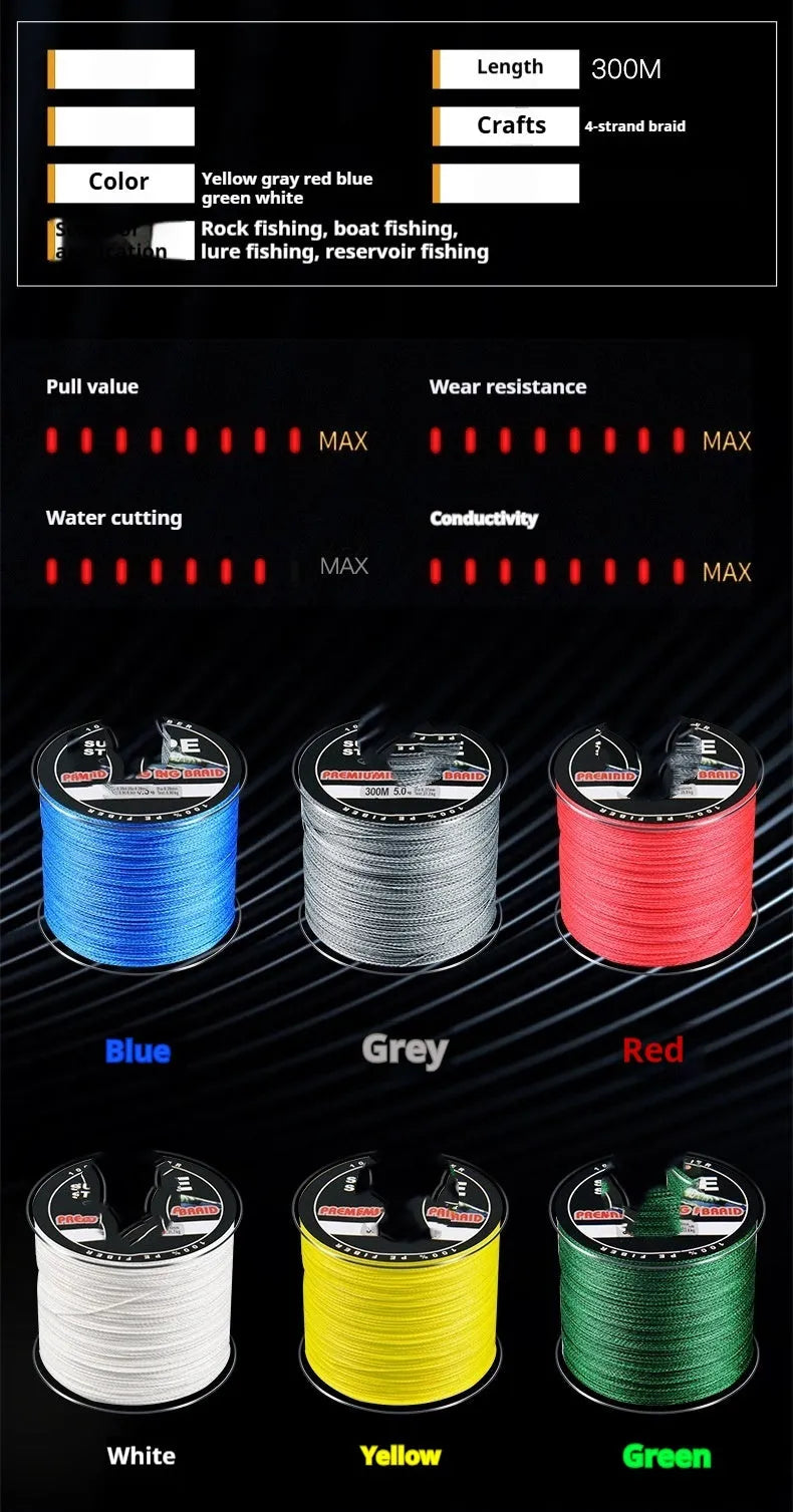 A reel of 300-metre, 4-section PE fishing line available in multiple colours and line numbers.