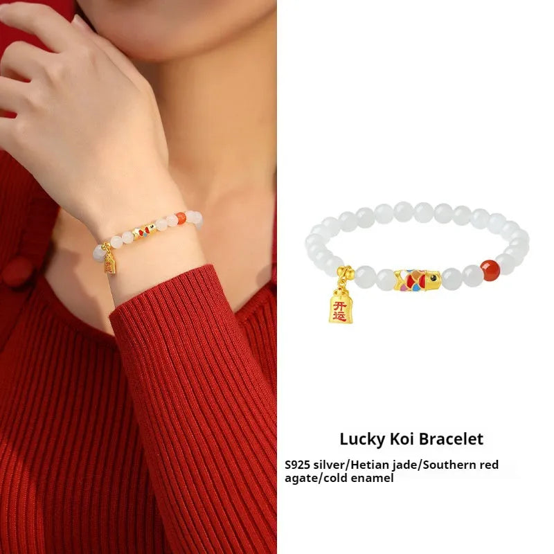 Women's S925 sterling silver koi Hetian jade bracelet with cold enamel craftsmanship