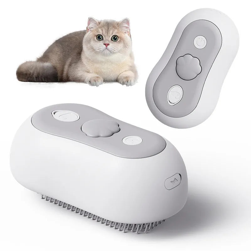 Battery-powered cat grooming comb with spray nozzle and silicone bristles in beige, blue, grey, or orange.