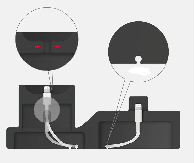 Black geometric 3-in-1 charging station for Apple devices showing iPhone, iwatch and AirPods charging slots