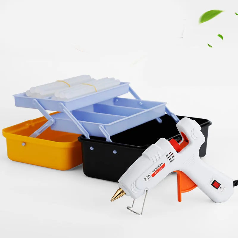 White electric hot melt glue gun with safety power switch LED, anti-heat blanket, and metal bracket