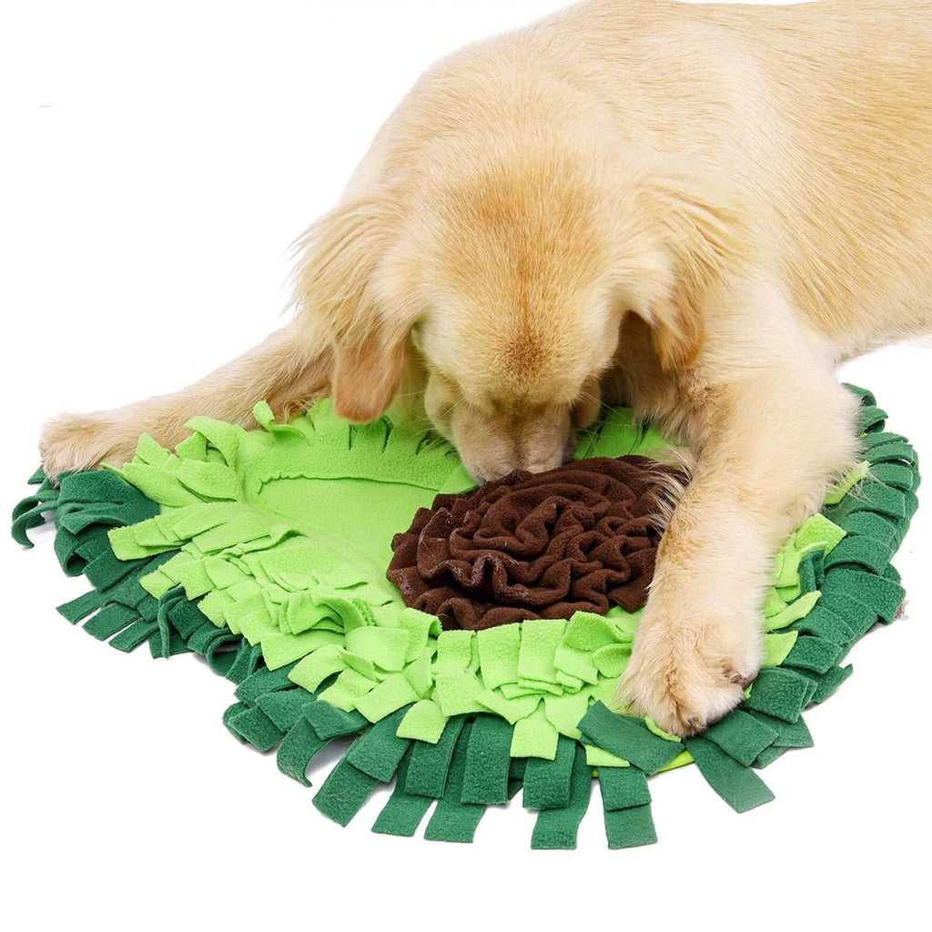 Green avocado-shaped dog sniffing mat with polar fleece strips on non-slip base, 69x53cm size for dogs and rabbits