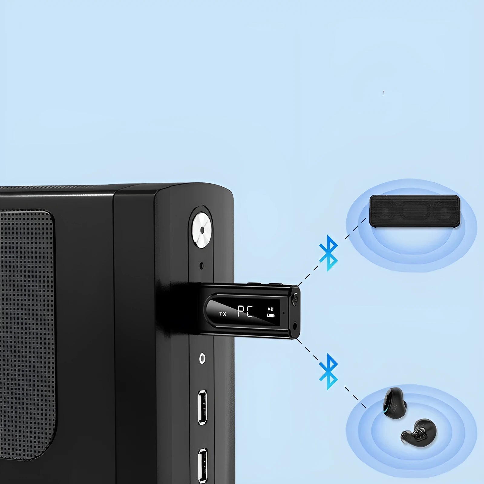Black USB car FM bluetooth receiver for MP3 playback with AUX input.