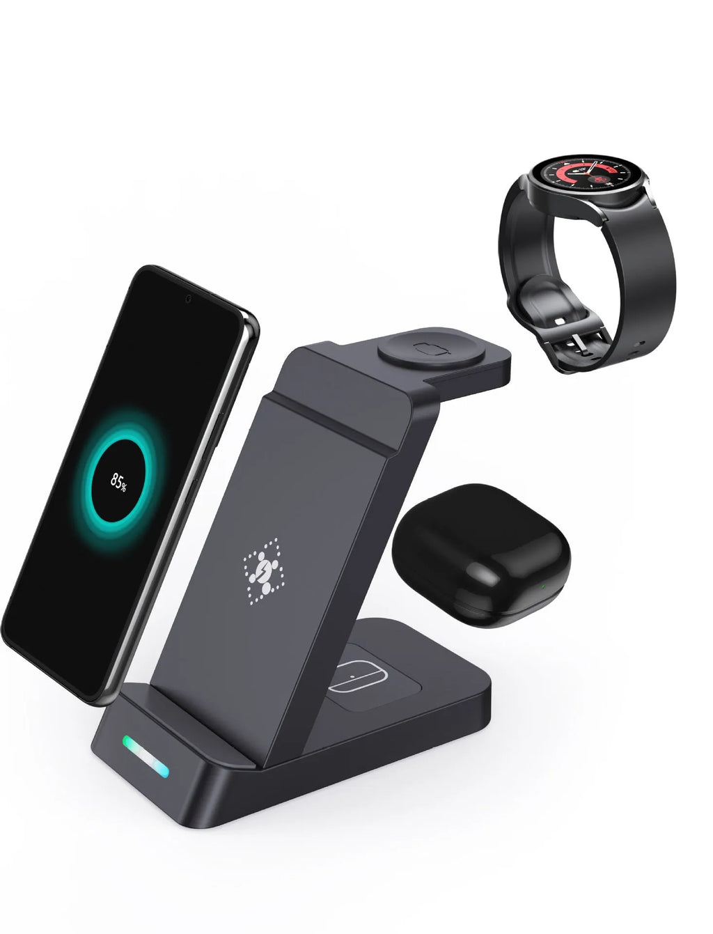 Black or white 3-in-1 wireless charging stand holding a phone, AirPods case, and an Apple Watch.