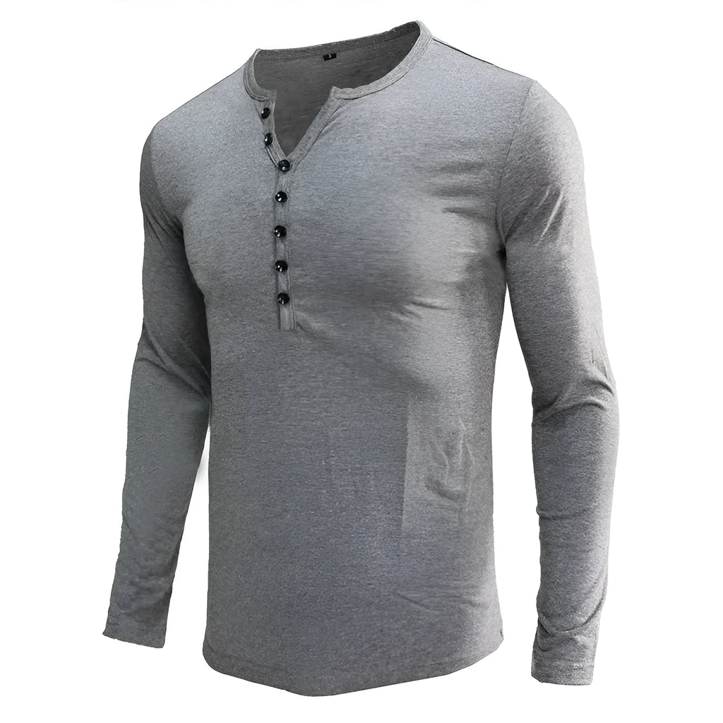 Men's solid colour cotton blend henley shirt with long sleeves and buttoned placket.