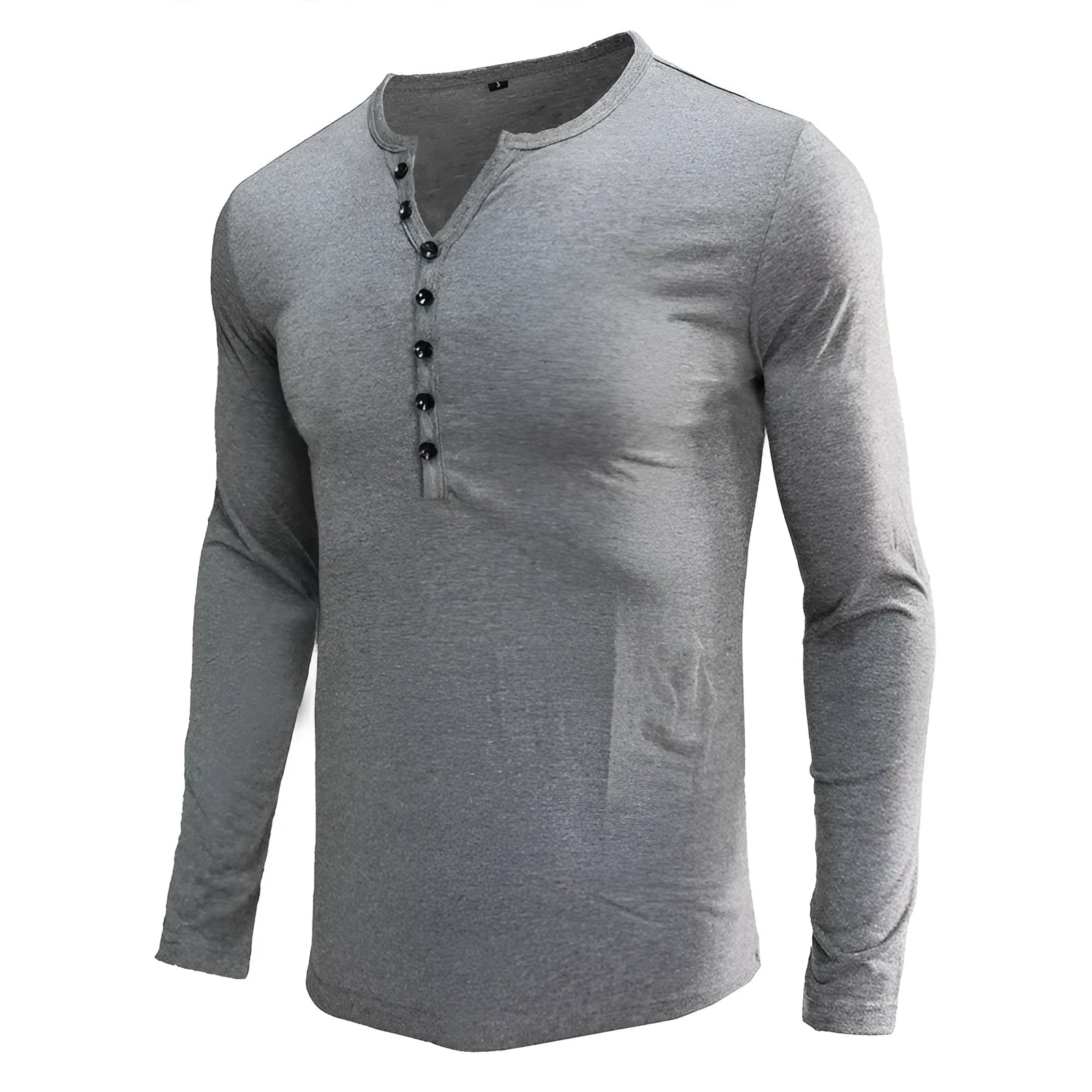 Men's solid colour cotton blend henley shirt with long sleeves and buttoned placket.