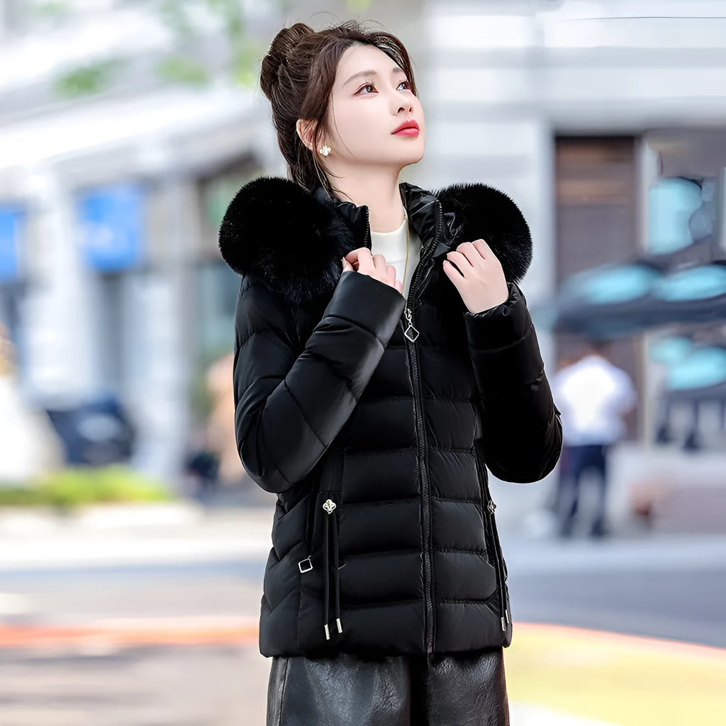 Women's removable cap thick padded jacket with fur collar in khaki colour front view