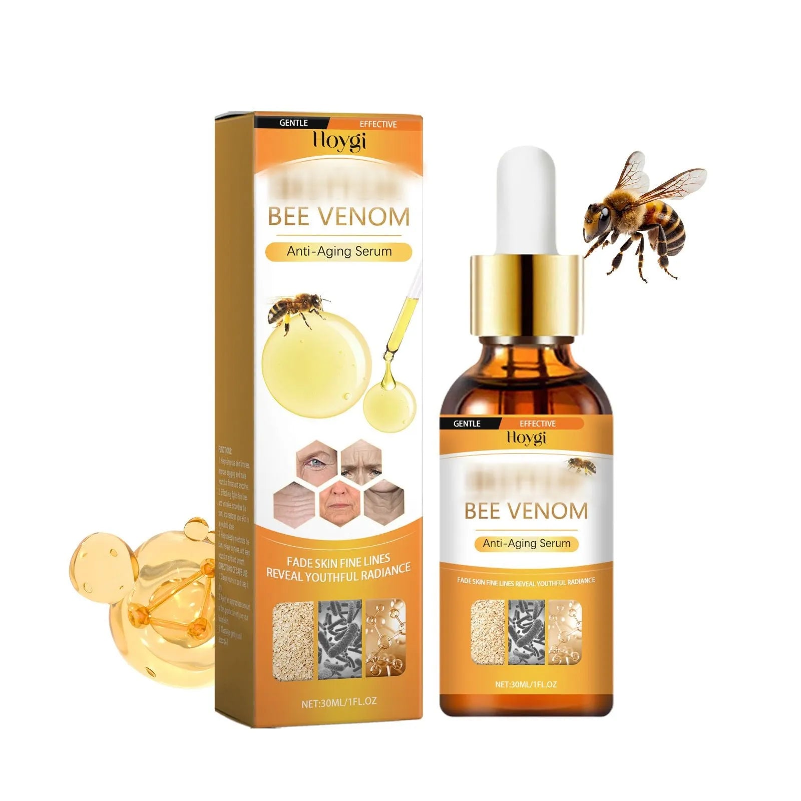 30ml bottle of anti-aging liquid serum with hyaluronic acid and bee venom formula
